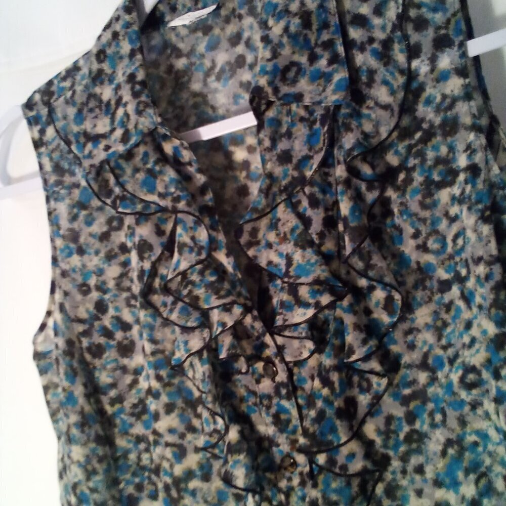 Tahari Blouse Women PS Petite S Sleeveless Sheer Ruffle Button Up Print - Picture 8 of 13